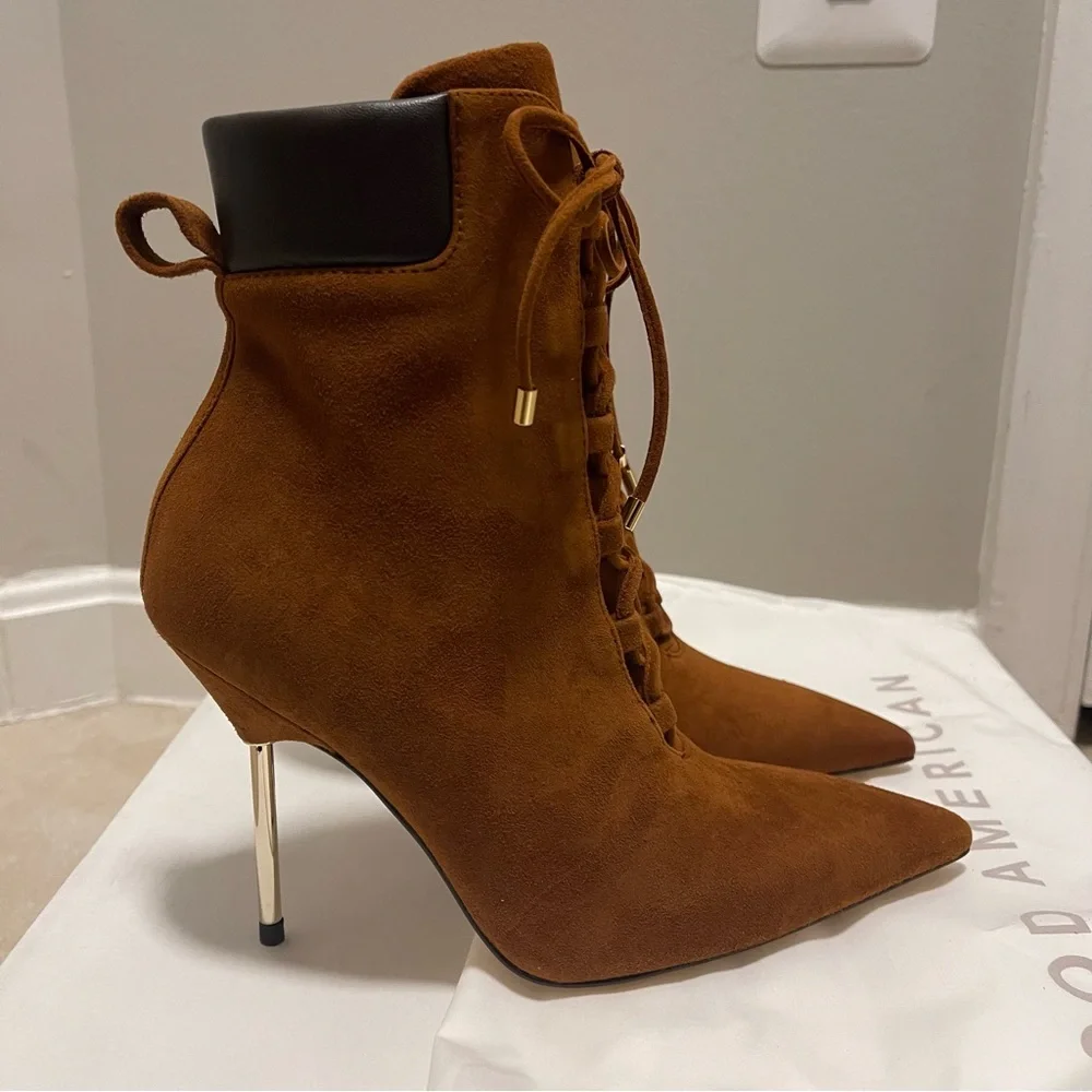 Good American Scandal Brown Suede Lace Up Gold Heel Point Toe Booties